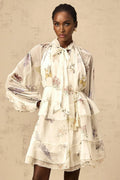 Pasqualina Mini Dress White Floral Print Tiered Chiffon & Ribbon Tie - Front