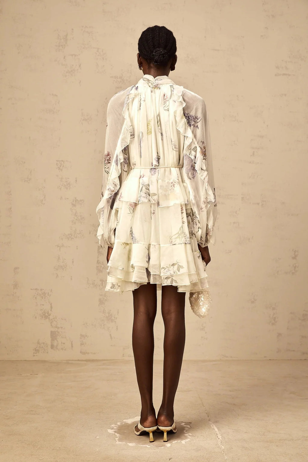 Pasqualina Mini Dress White Floral Print Tiered Chiffon & Ribbon Tie - Front