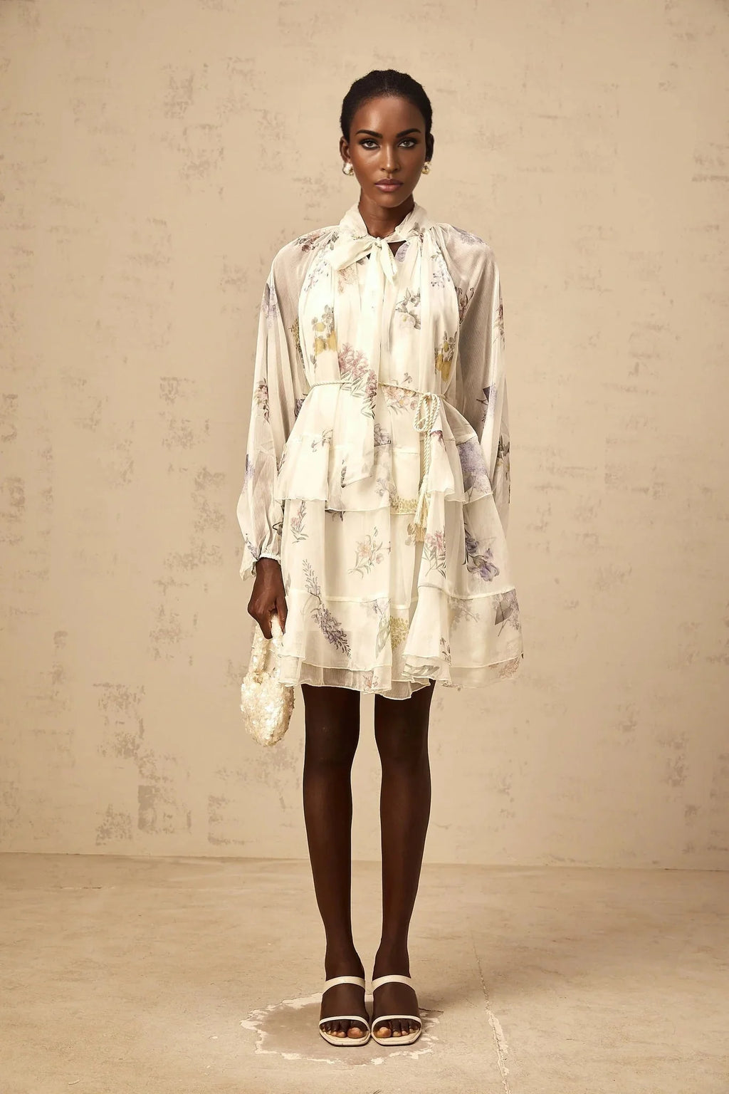 Pasqualina Mini Dress White Floral Print Tiered Chiffon & Ribbon Tie - Front