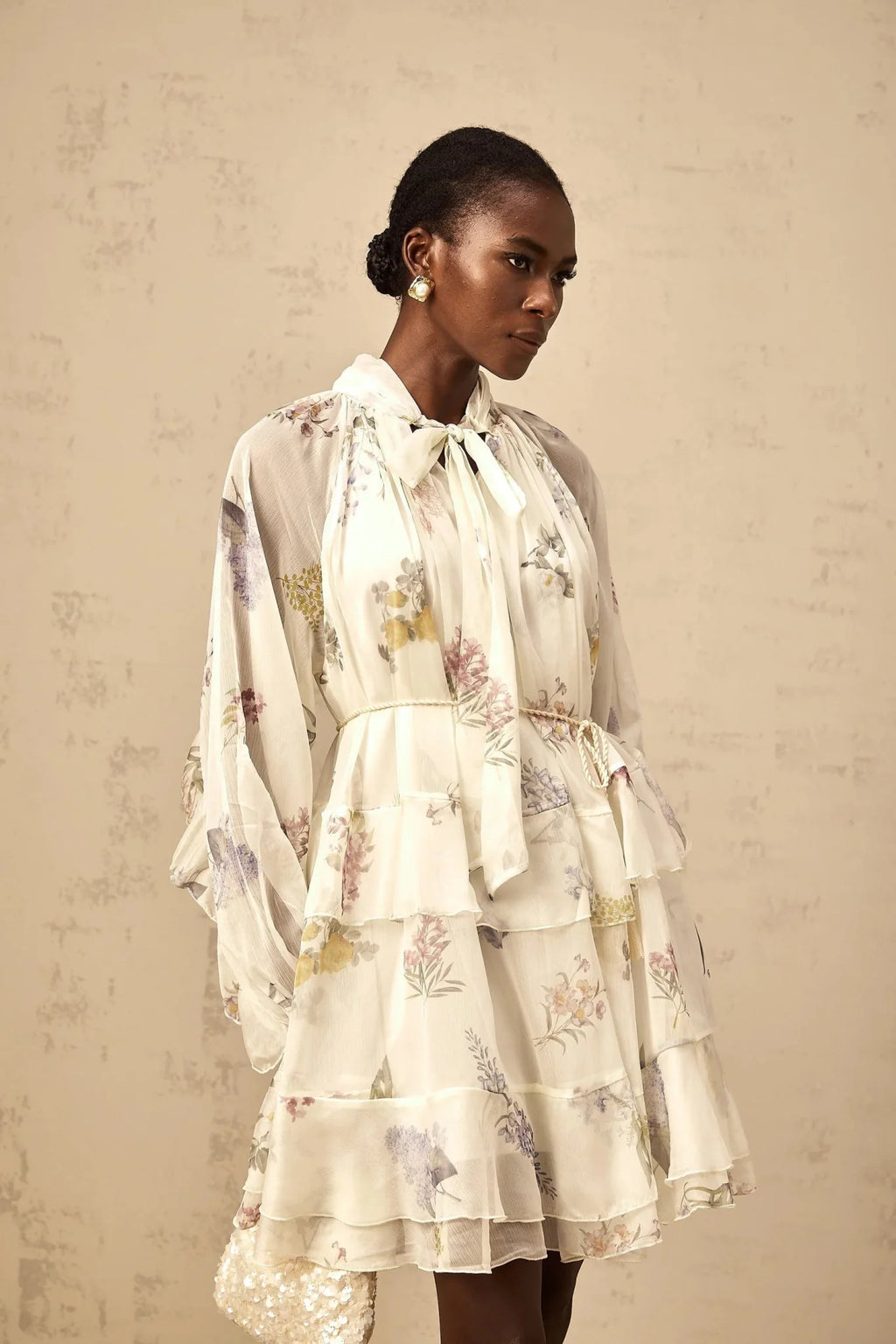 Pasqualina Mini Dress White Floral Print Tiered Chiffon & Ribbon Tie - Front