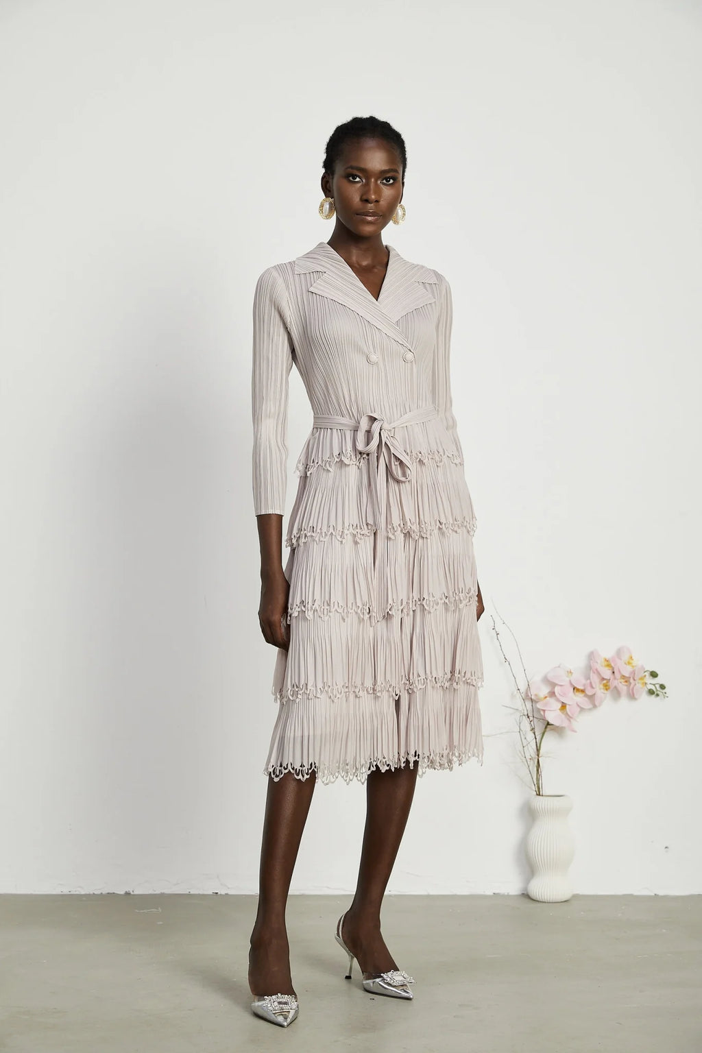 Pasqualina Tiered Pleated Midi Dress