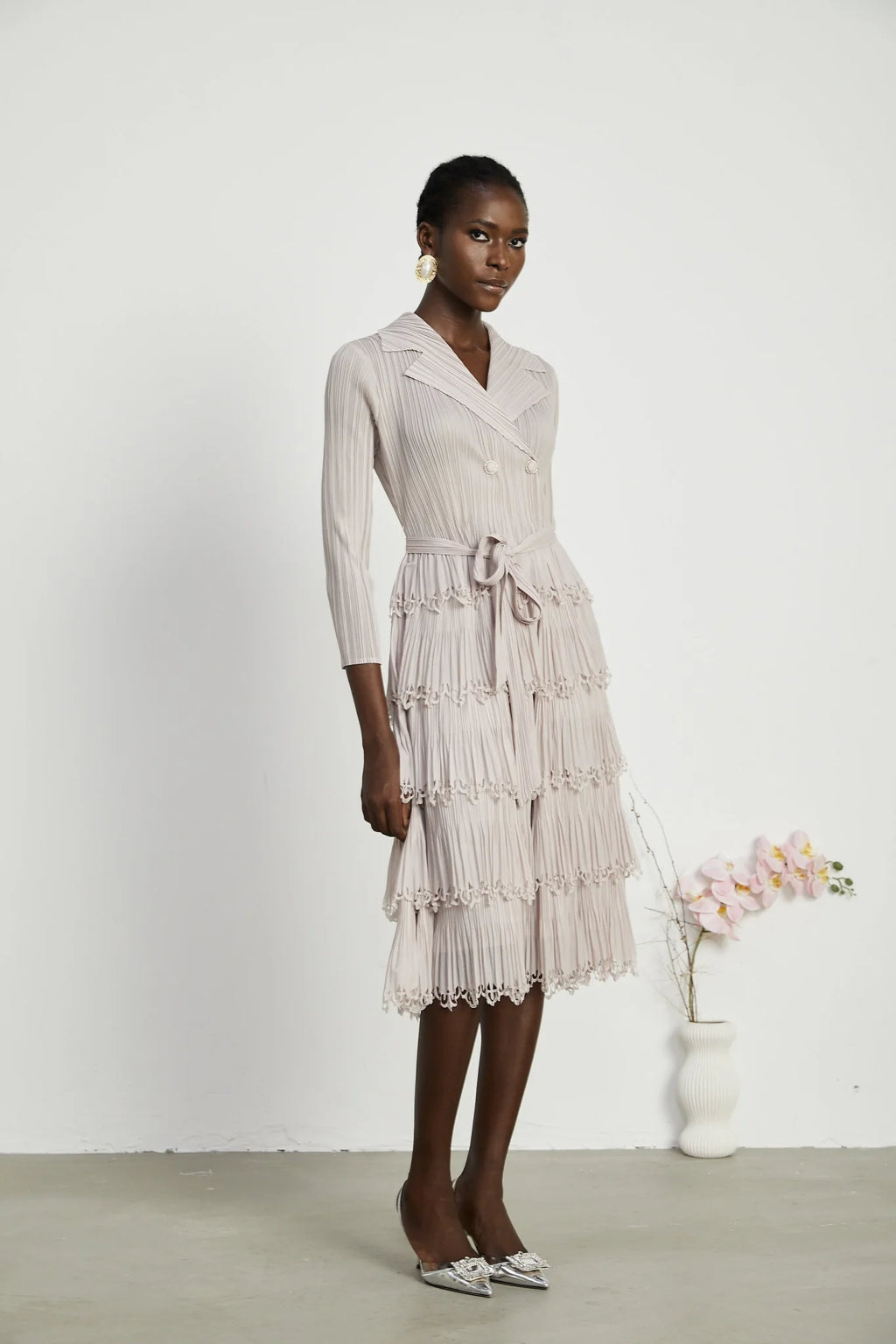 Pasqualina Tiered Pleated Midi Dress