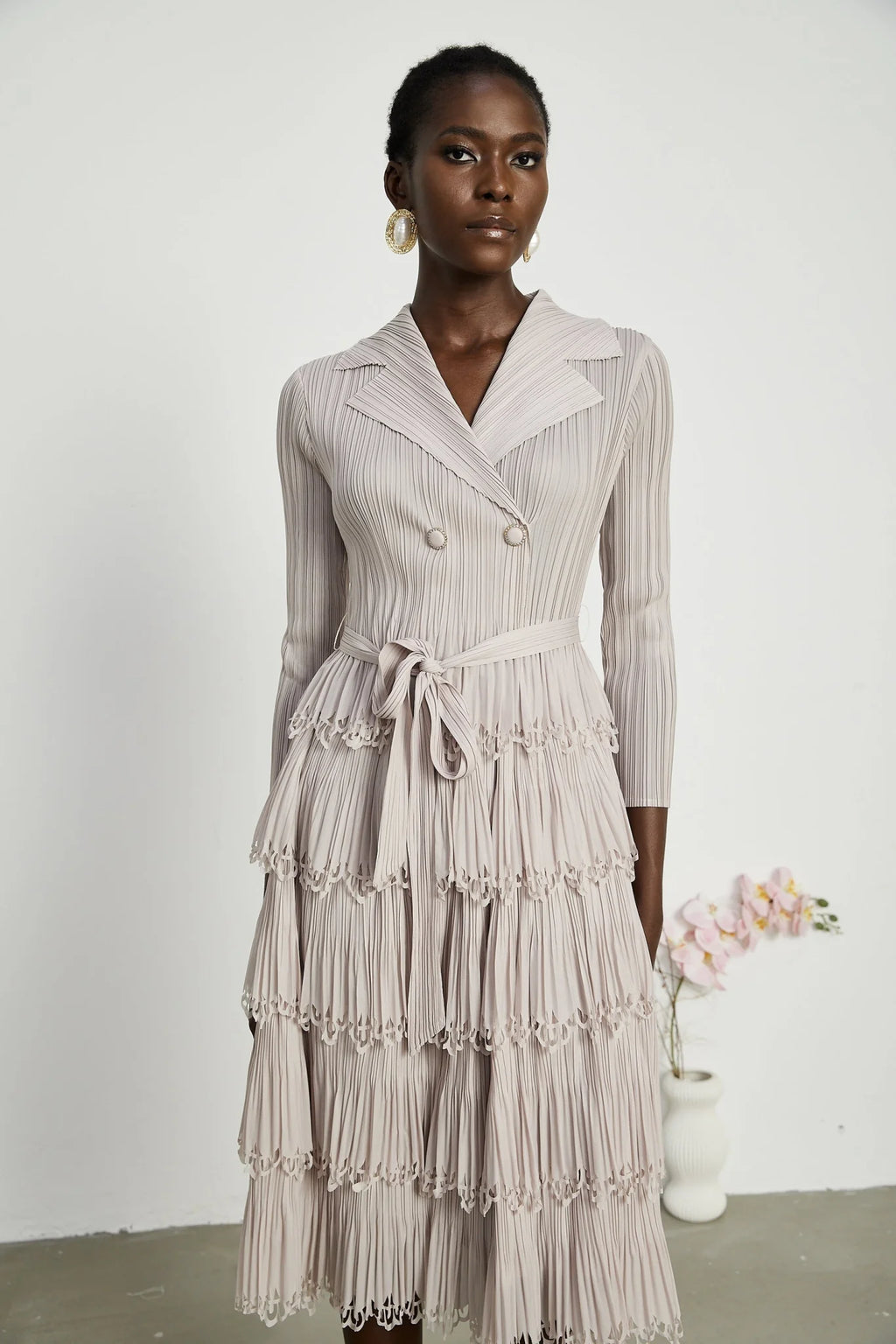 Pasqualina Tiered Pleated Midi Dress
