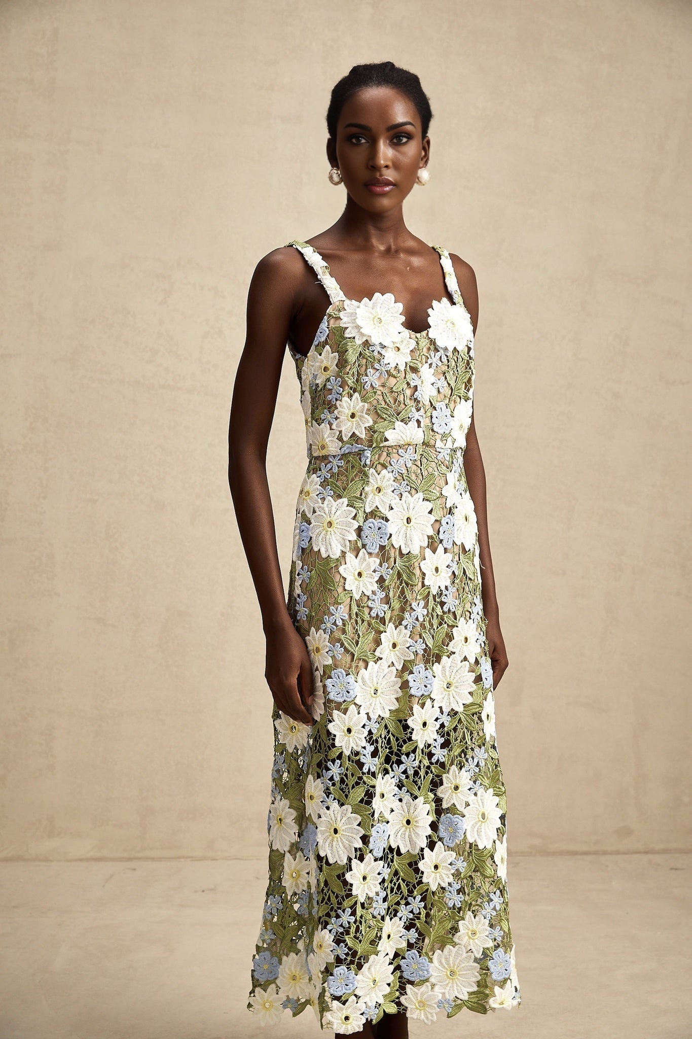Pasquina Floral Midi Dress with Sweetheart Neck & FauxFlower Embellishment