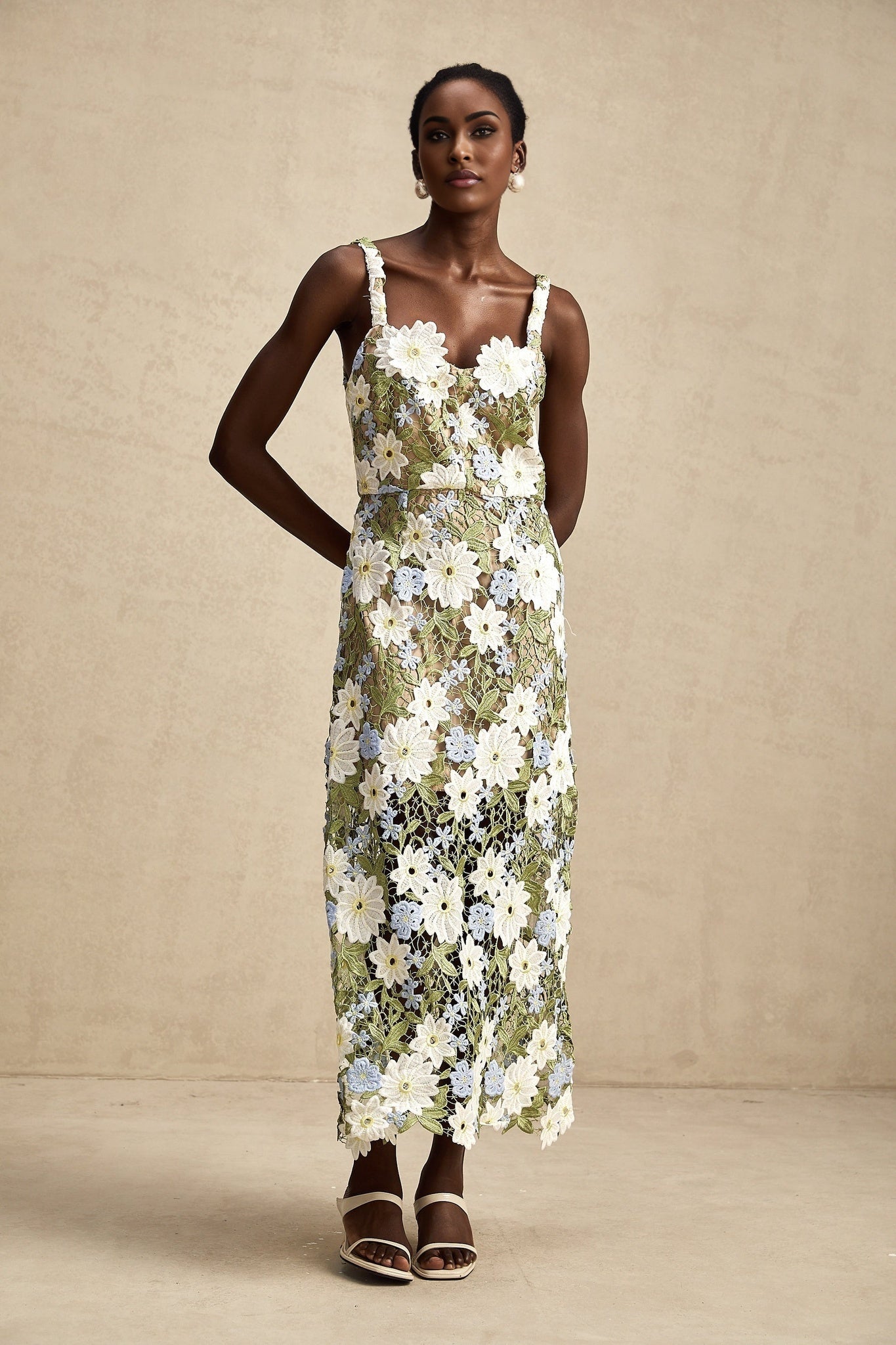 Pasquina Floral Midi Dress with Sweetheart Neck & FauxFlower Embellishment