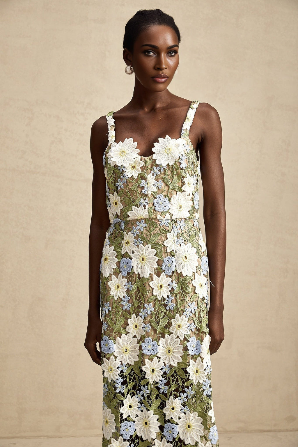 Pasquina Floral Midi Dress with Sweetheart Neck & FauxFlower Embellishment