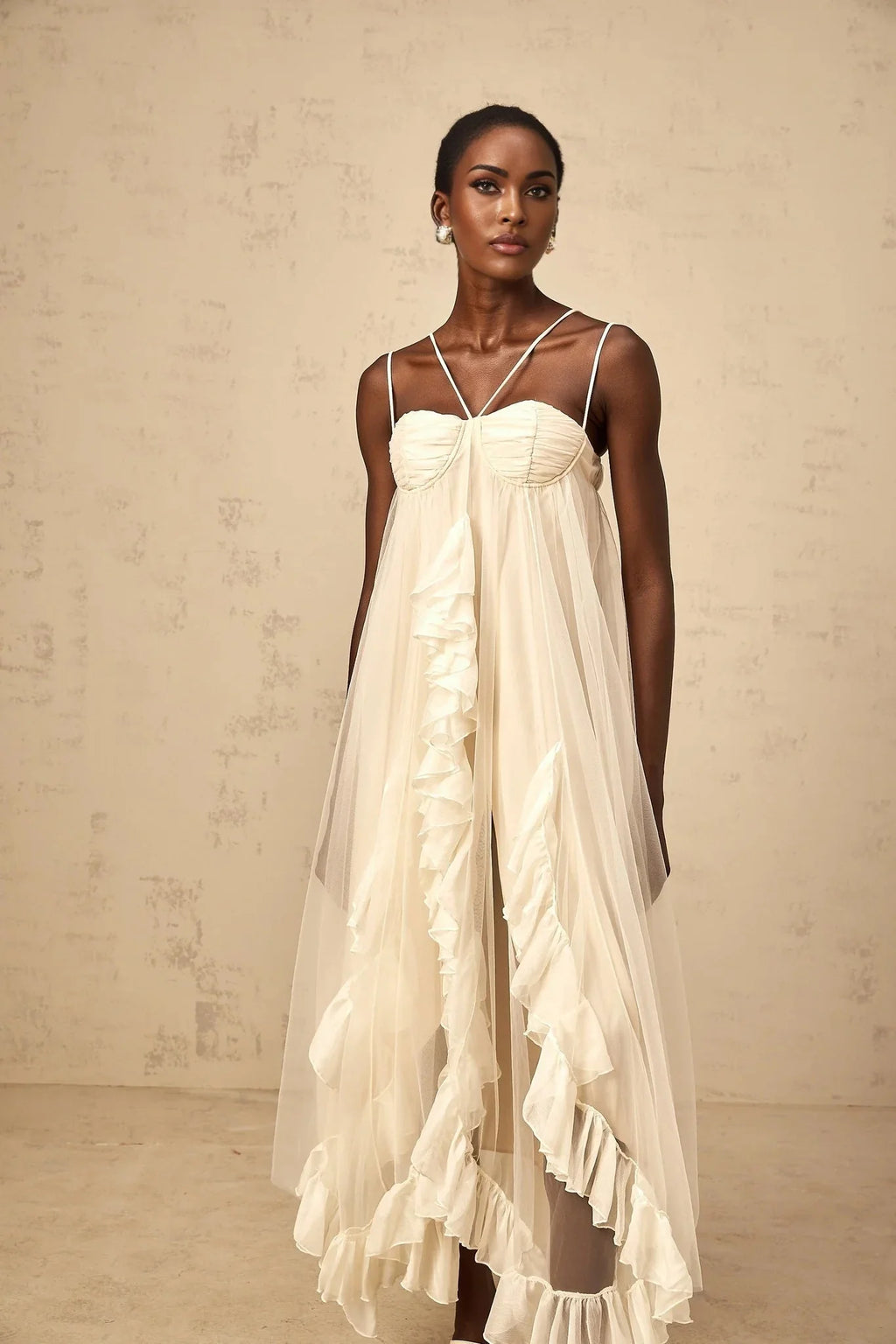 Pasquina Maxi Dress Ruffled Tulle Layered Neutrals