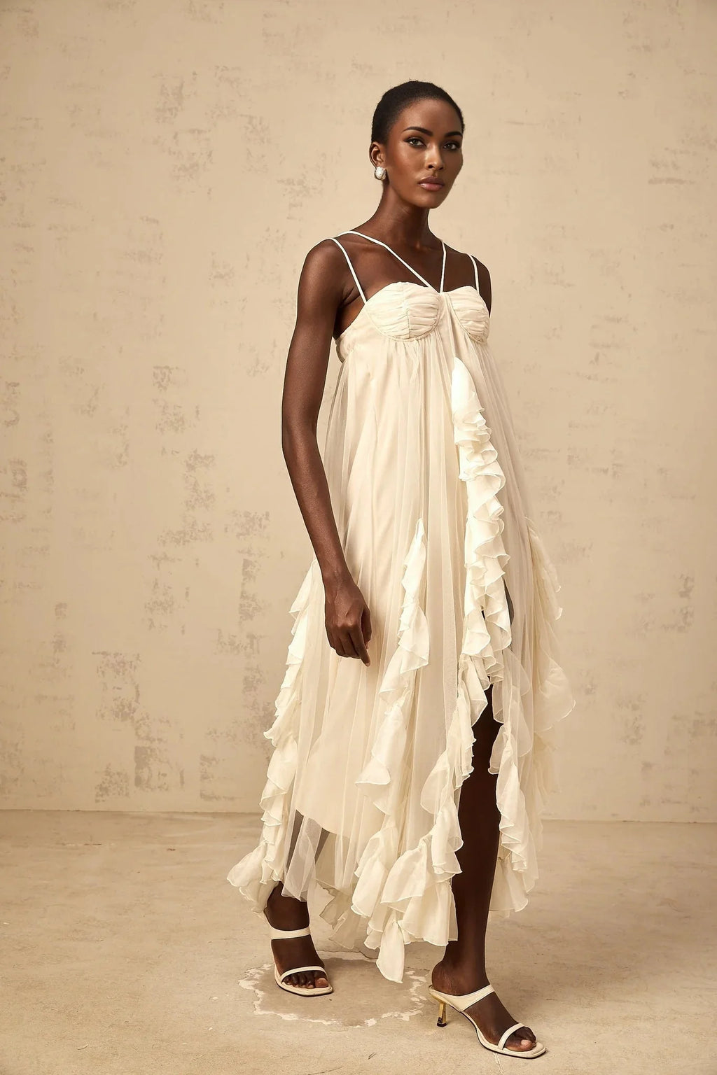 Pasquina Maxi Dress Ruffled Tulle Layered Neutrals