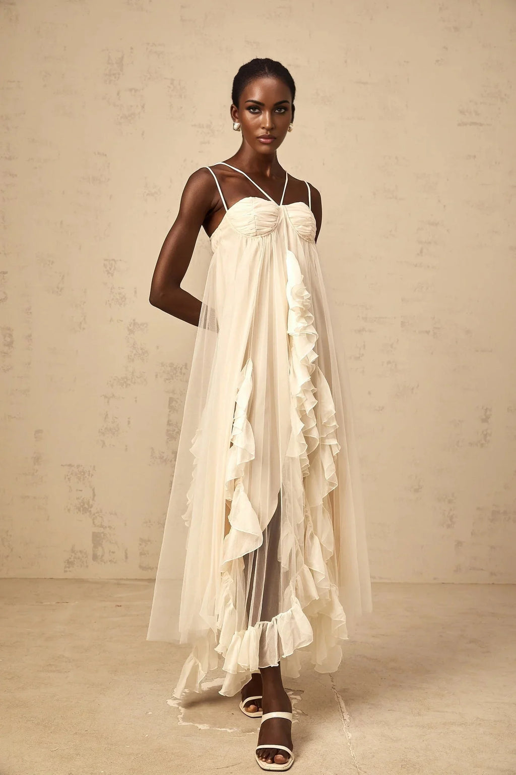 Pasquina Maxi Dress Ruffled Tulle Layered Neutrals