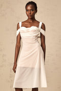 Pasquina Midi Dress White Semi - Sheer Tulle Ruched & Boned