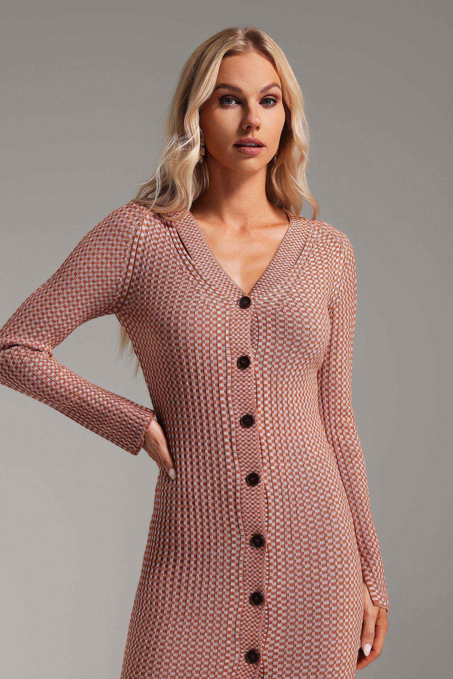 Pasquina Pink V-Neck Button-Down Midi Dress with Knit Detailing and Slit Hem