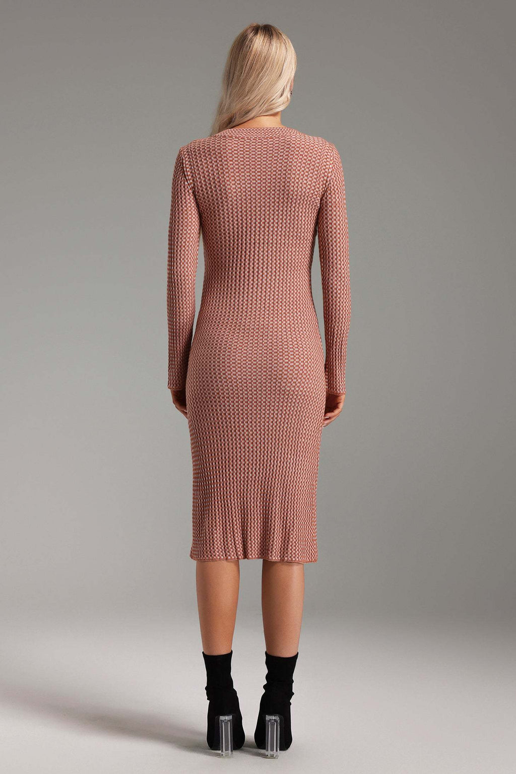 Pasquina Pink V-Neck Button-Down Midi Dress with Knit Detailing and Hem Slit