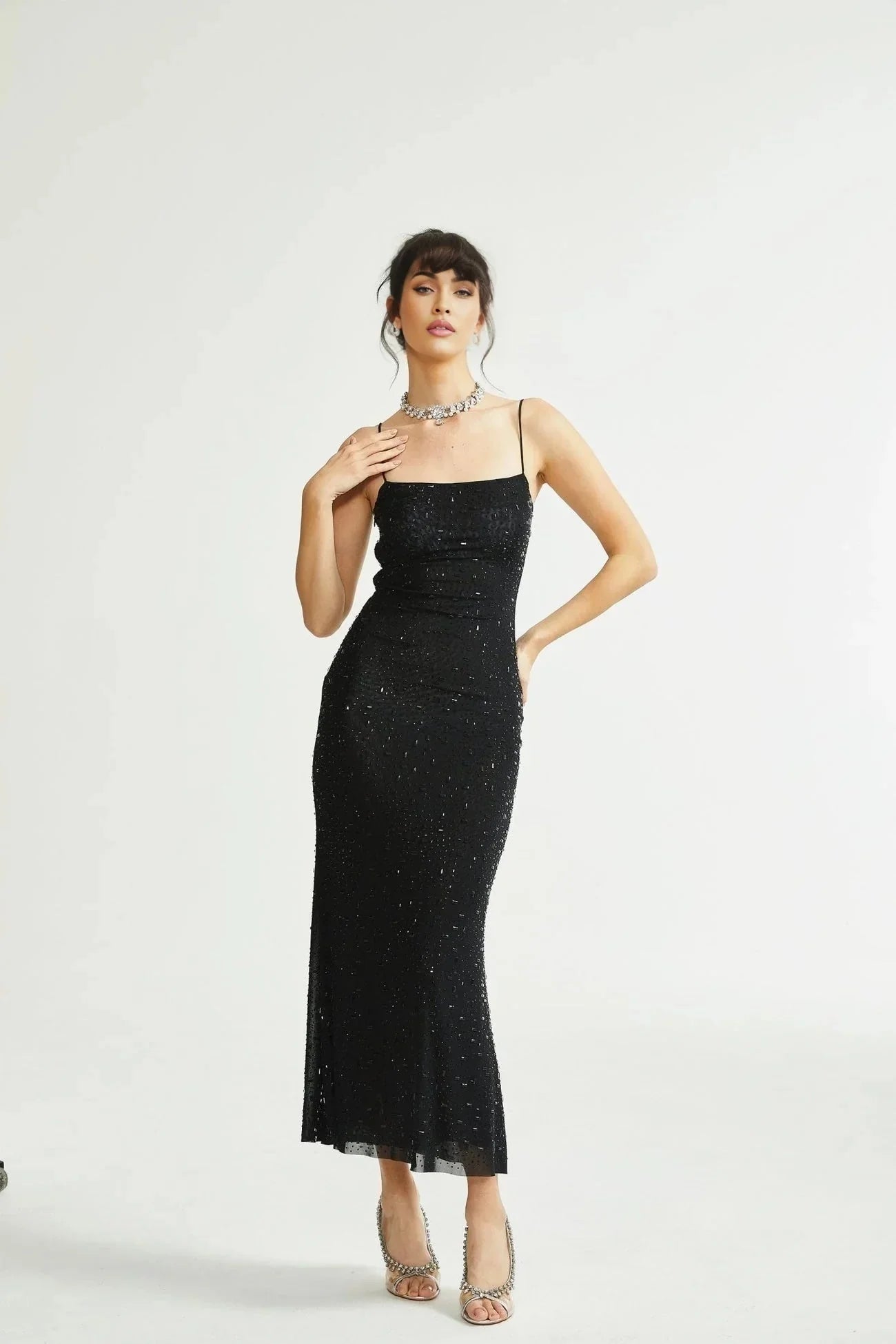 Pasquina Sequin Embellished Midi Dress in Neutrals