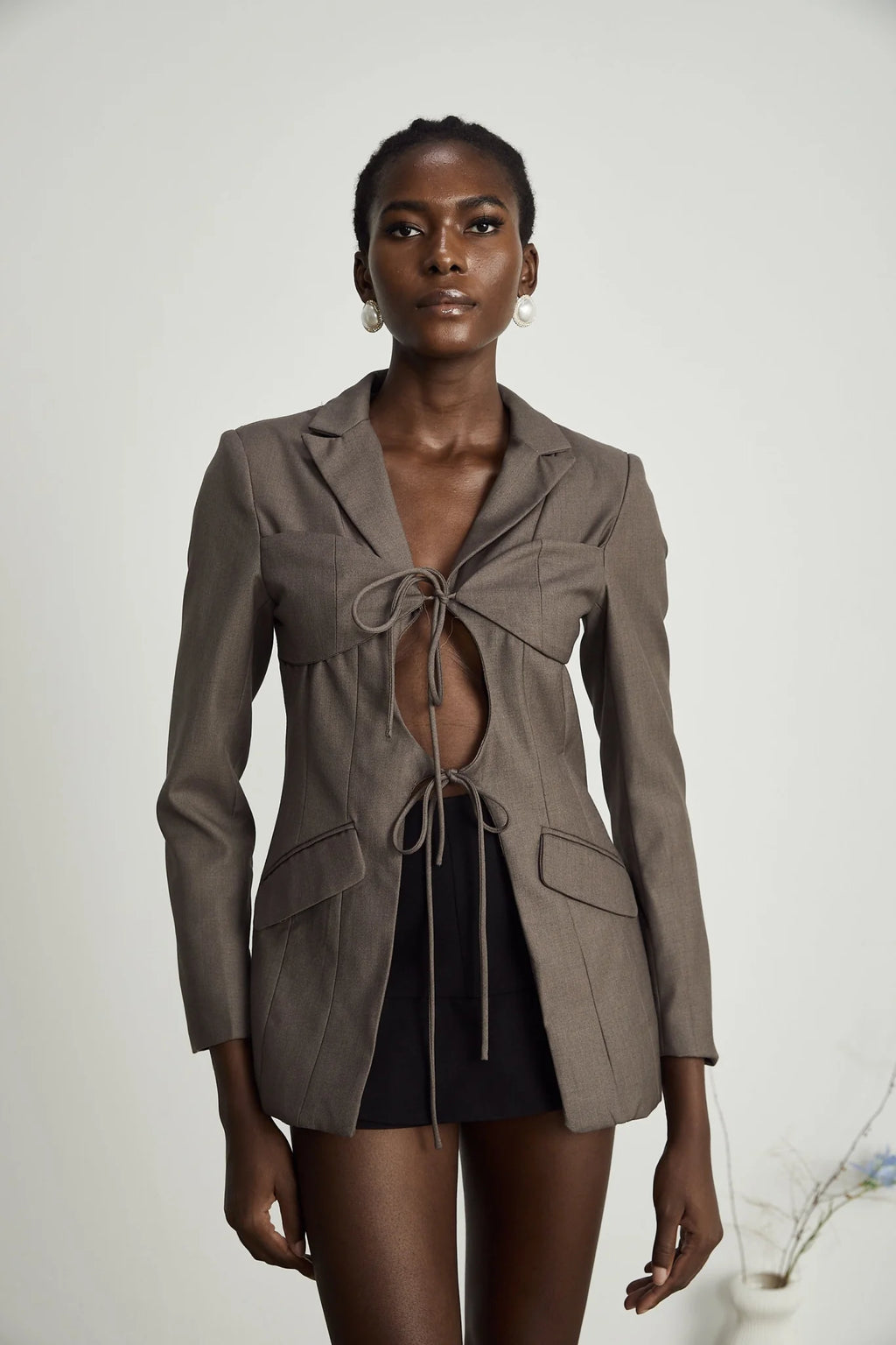 Patrizia Blazer Grey Tie Up Design & Fitted Two Pockets