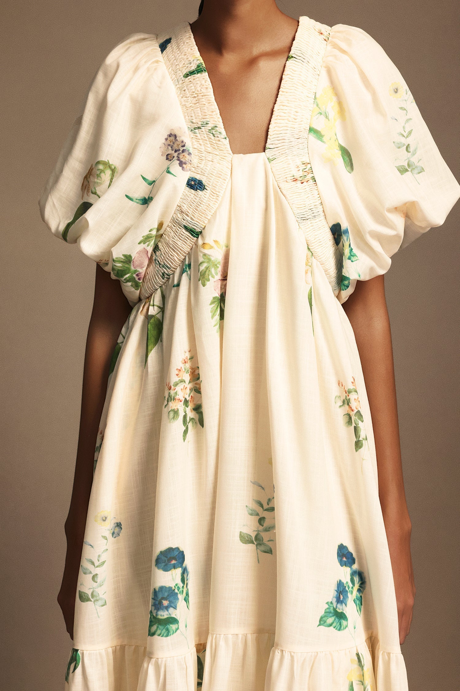 Patrizia Cream Floral Midi Dress with Puff Sleeves and V-Neckline