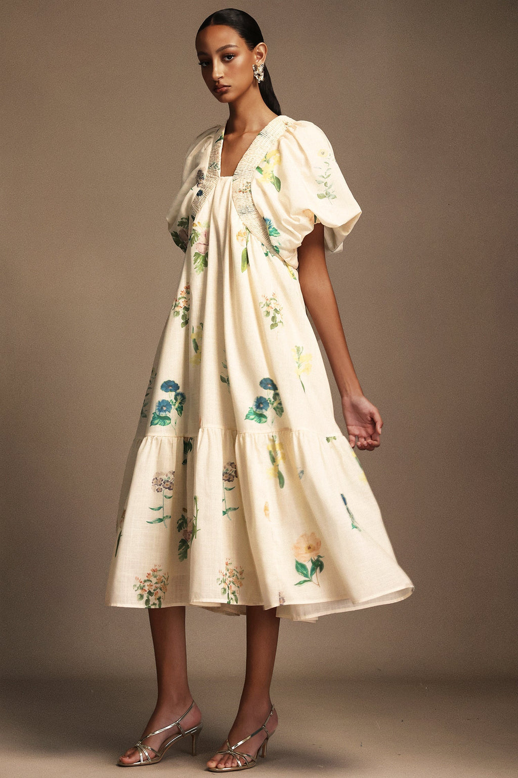 Patrizia Cream Floral Print Puff Sleeve V-Neckline Midi Dress for Special Occasions