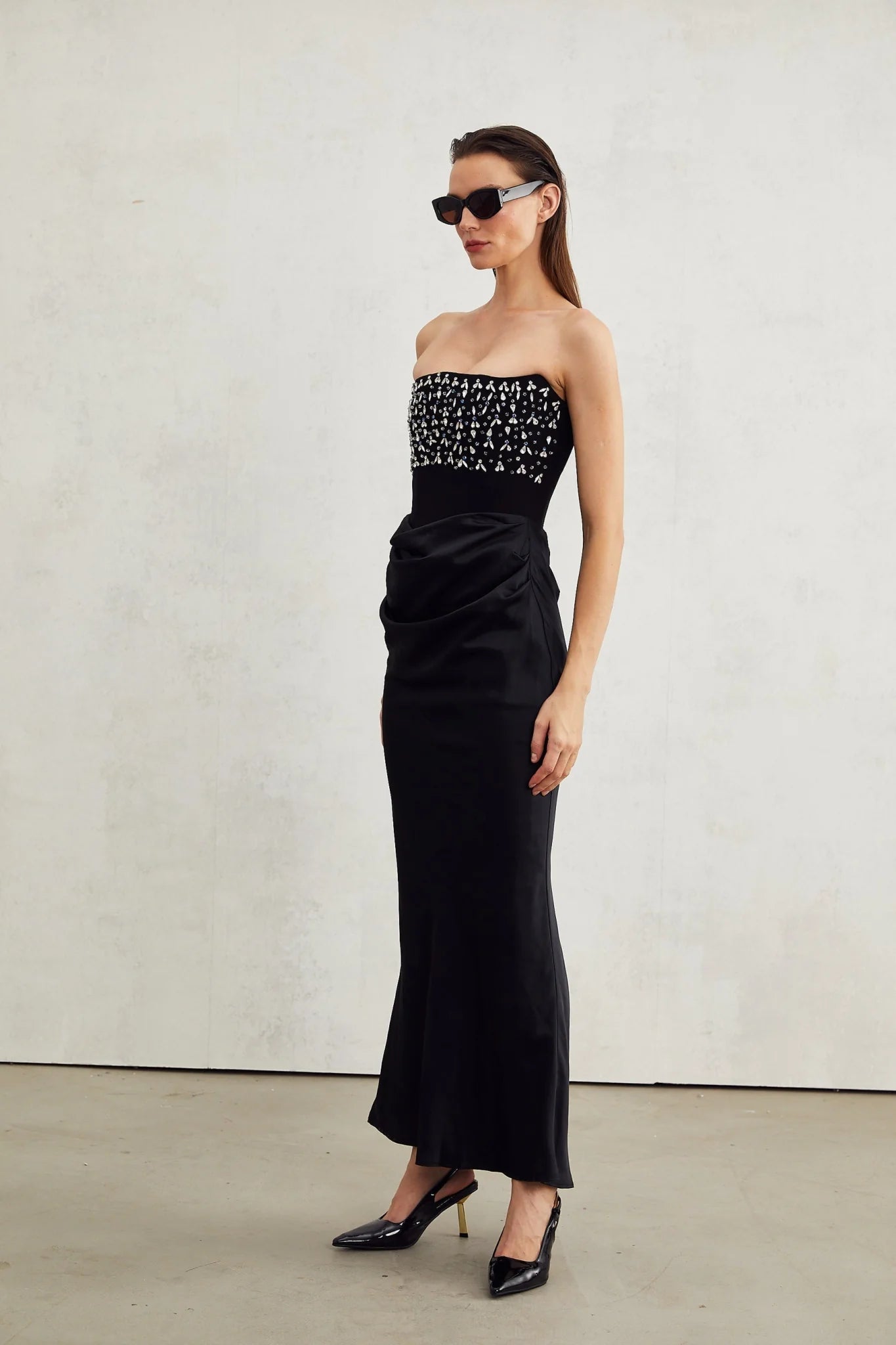 Patrizia Maxi Dress - Off Shoulder Pleated Design with Crystal Embellishment & Flared Hem