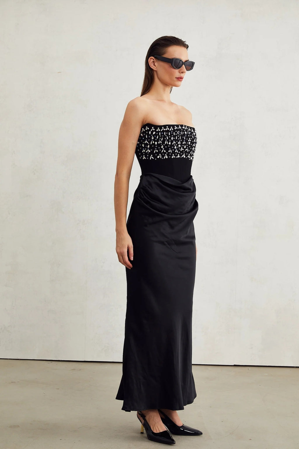 Patrizia Maxi Dress - Off Shoulder Pleated Design with Crystal Embellishment & Flared Hem