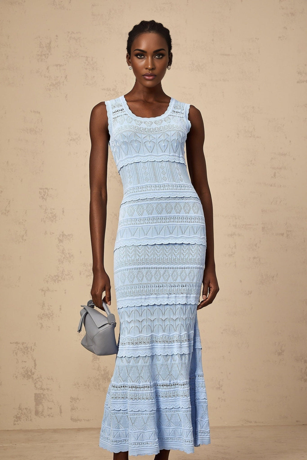 Patrizia Midi Dress Blue Crochet Ruffled Trim Flared Hem Stretch