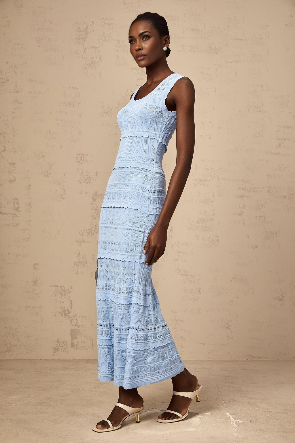 Patrizia Midi Dress Blue Crochet Ruffled Trim Flared Hem Stretch