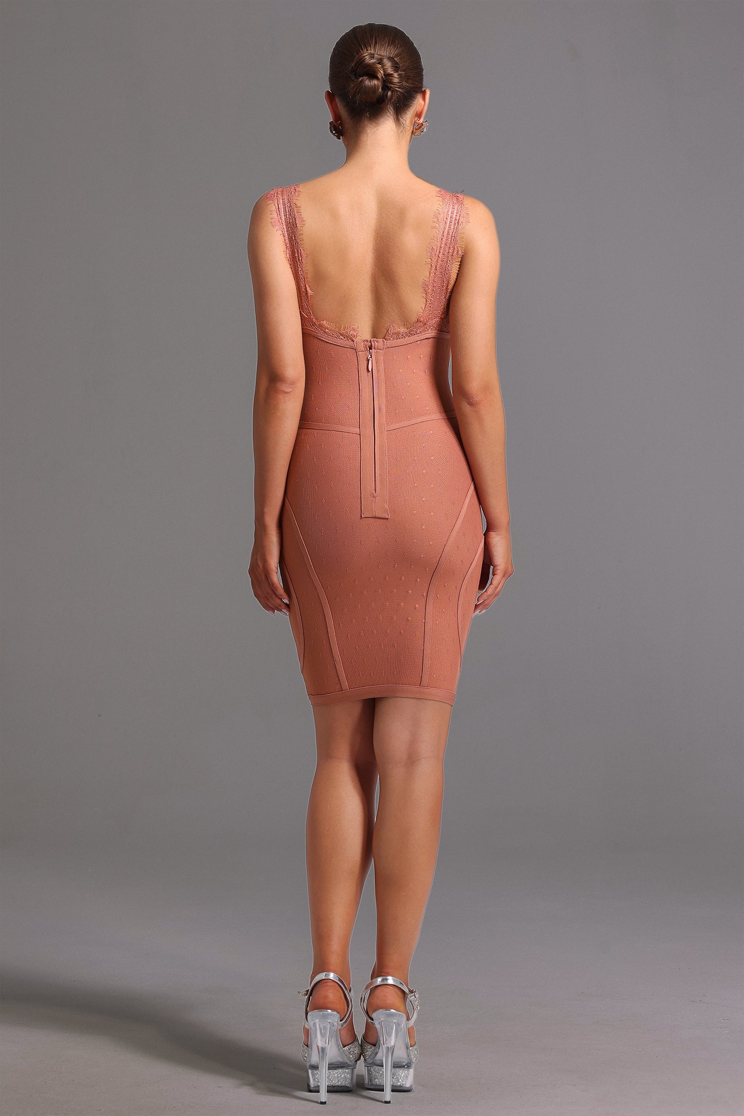 Peach Lionce Bandage Sleeveless V Neck Lace Mini Dress