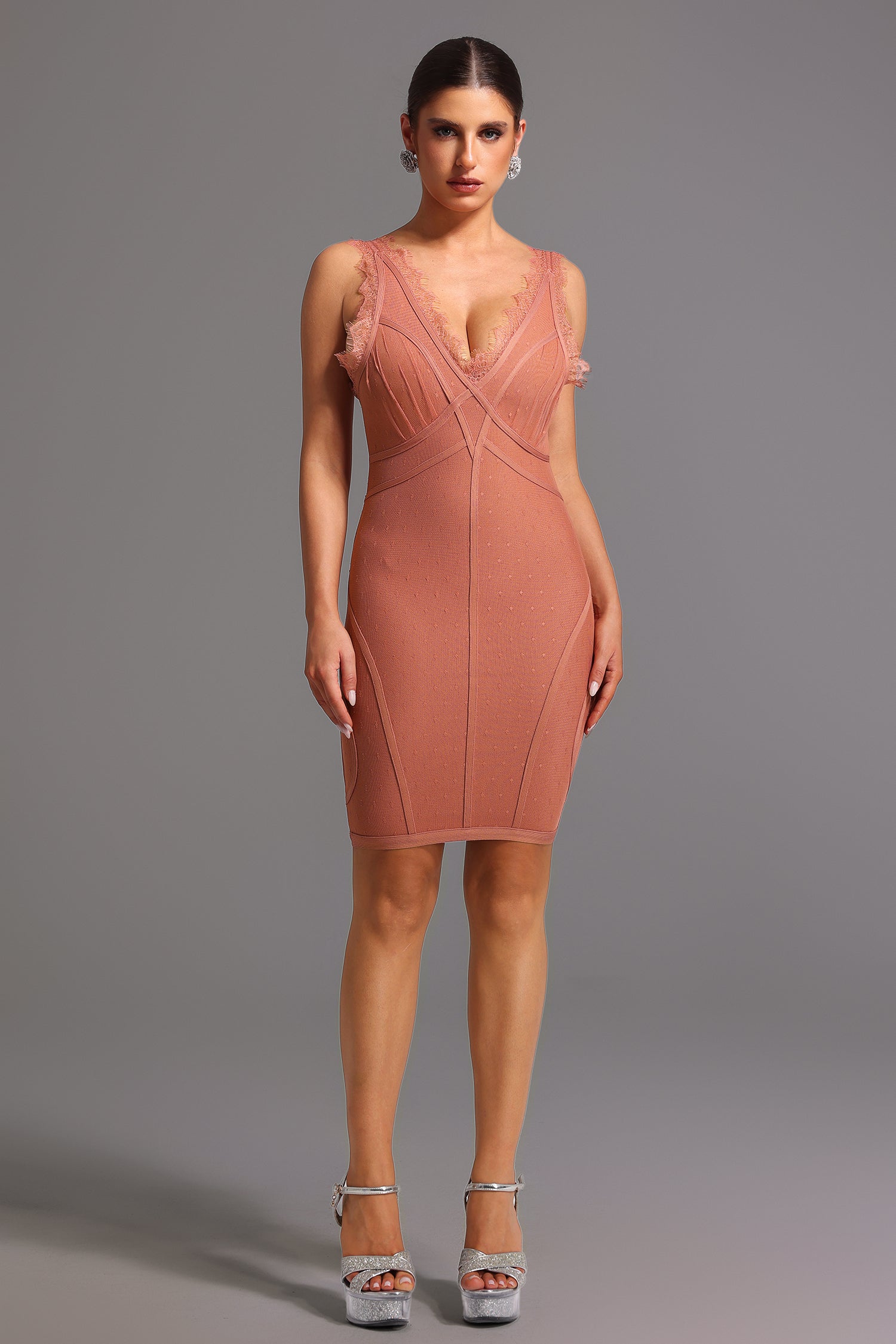 Peach Lionce Bandage Sleeveless V Neck Lace Mini Dress