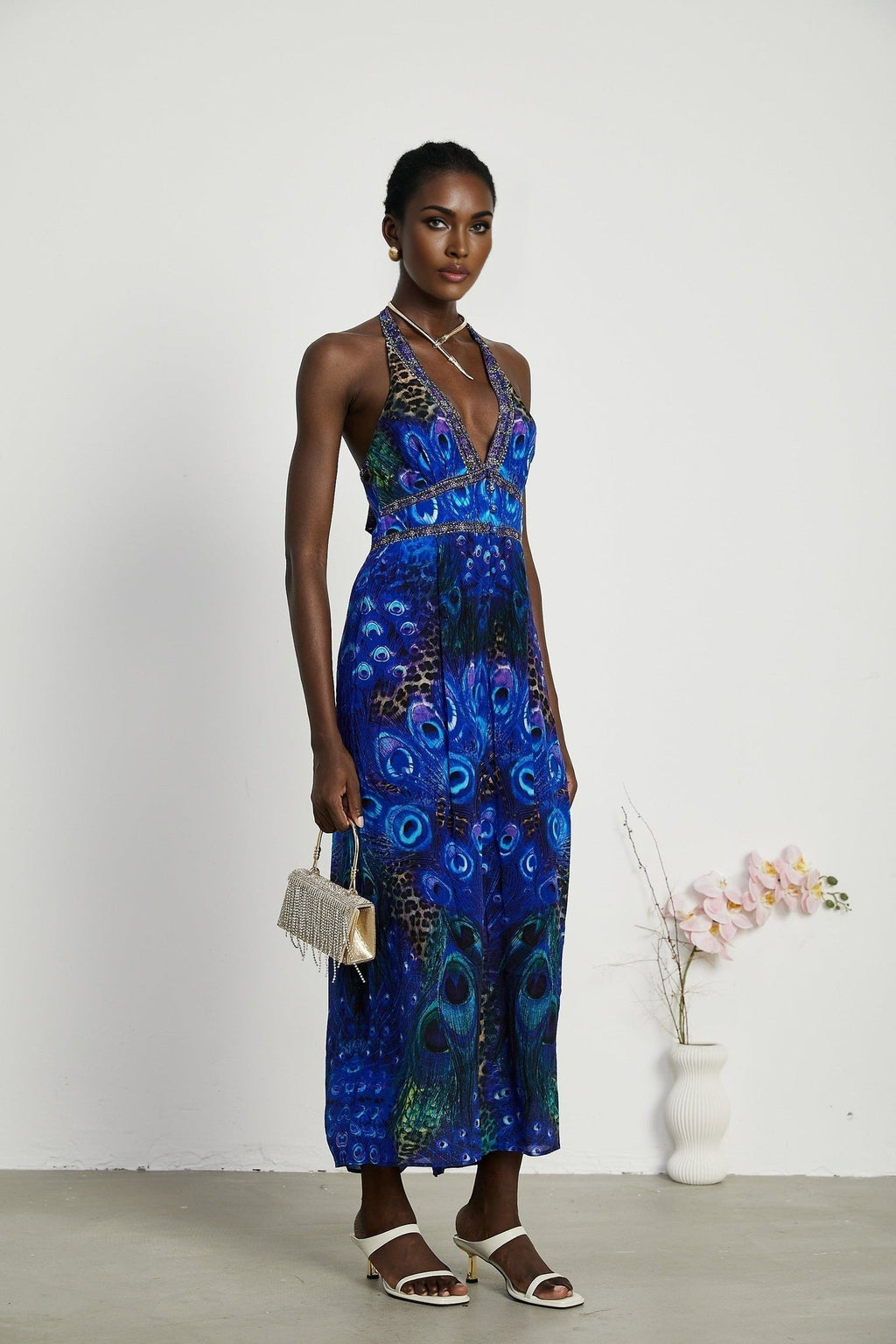 Peacock Print Halterneck Wide - Leg Silk Jumpsuit