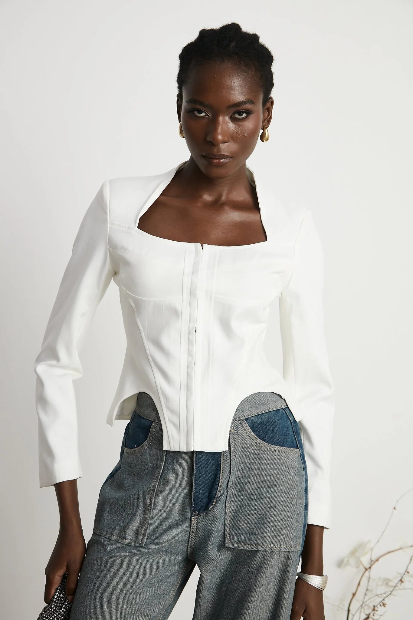 Penelope Corset Top White Square Neck Long Sleeve