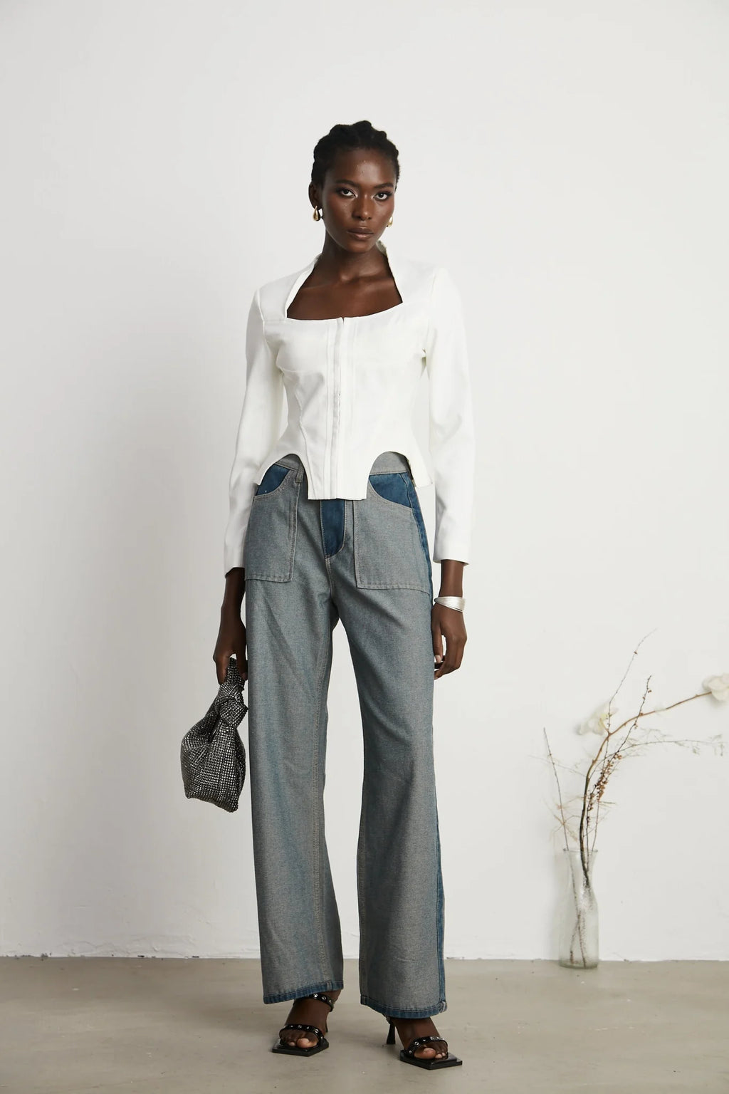 Penelope Corset Top White Square Neck Long Sleeve