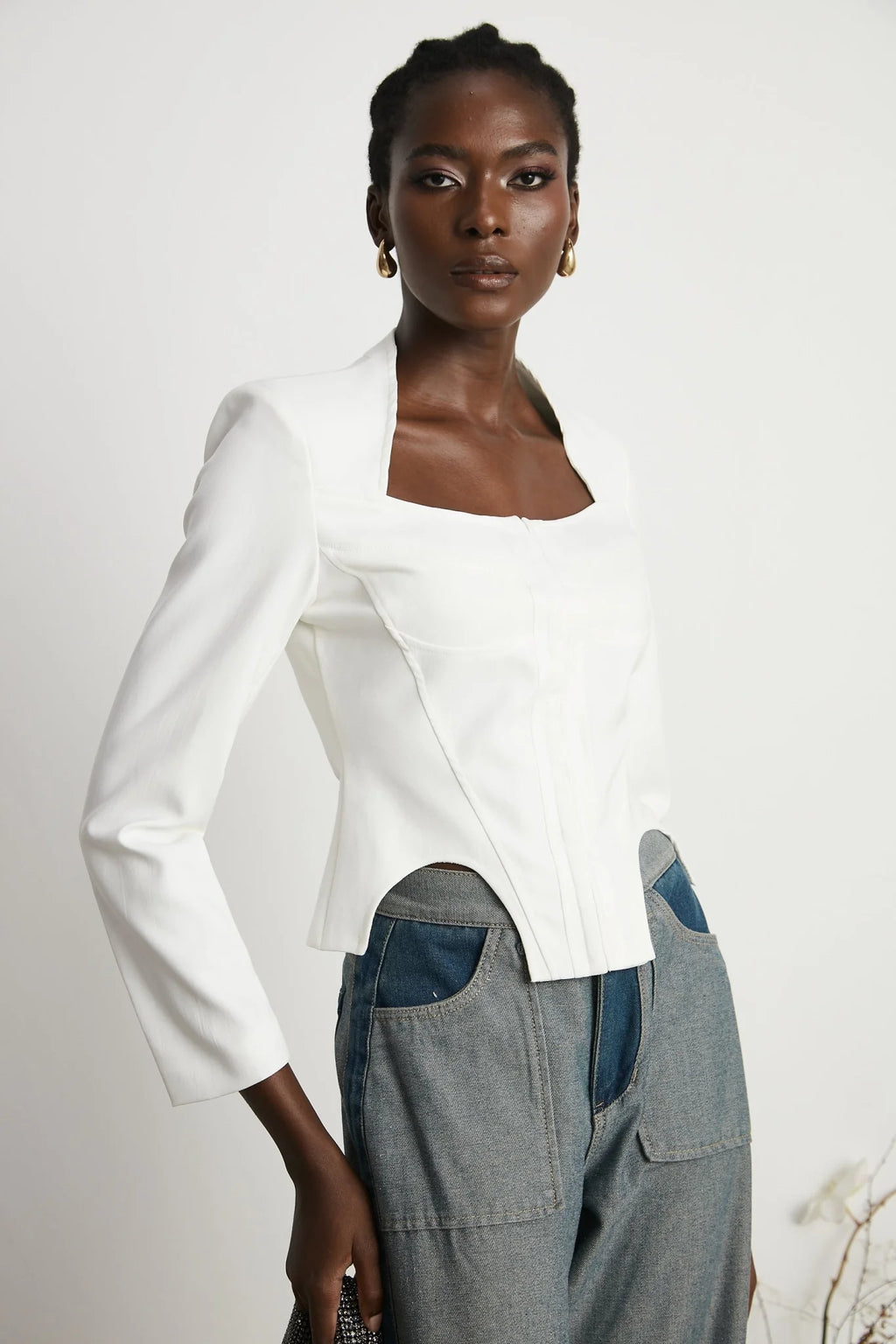Penelope Corset Top White Square Neck Long Sleeve