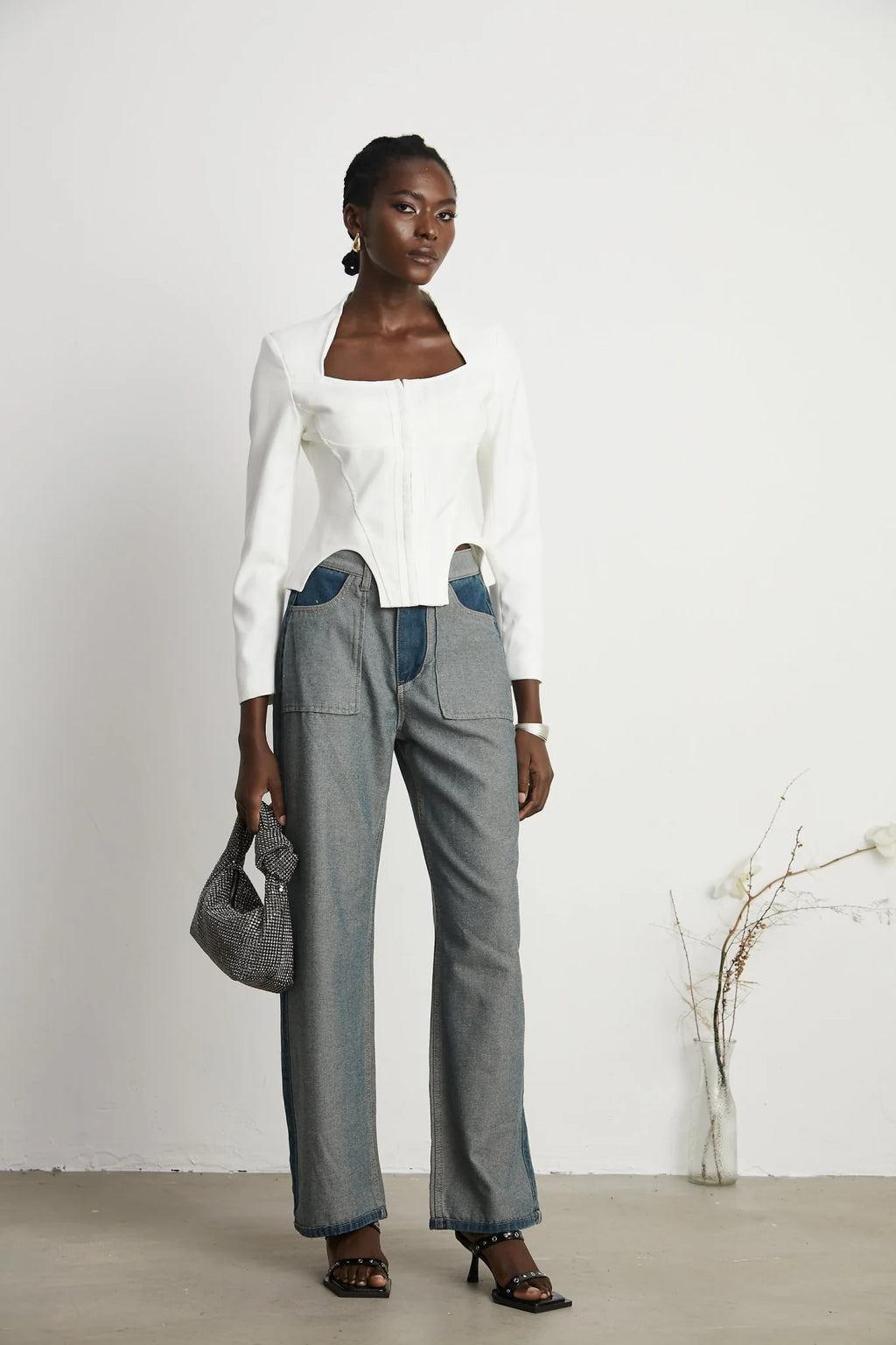 Penelope Corset Top White Square Neck Long Sleeve