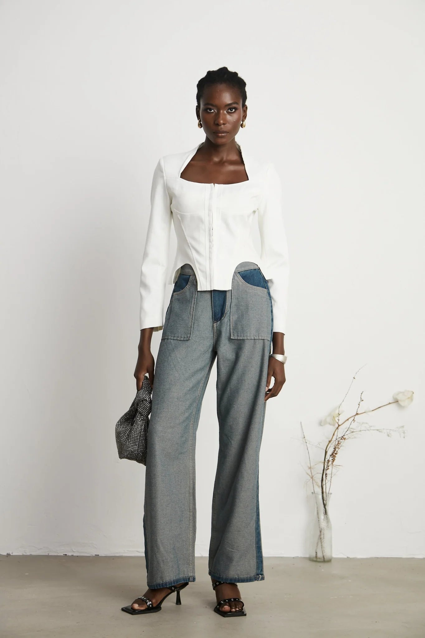 Penelope Corset Top White Square Neck Long Sleeve