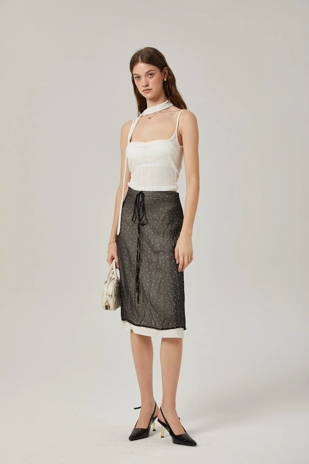 Penelope Skirt Tie Waisted Polka Dot Print & Color Blocked Midi
