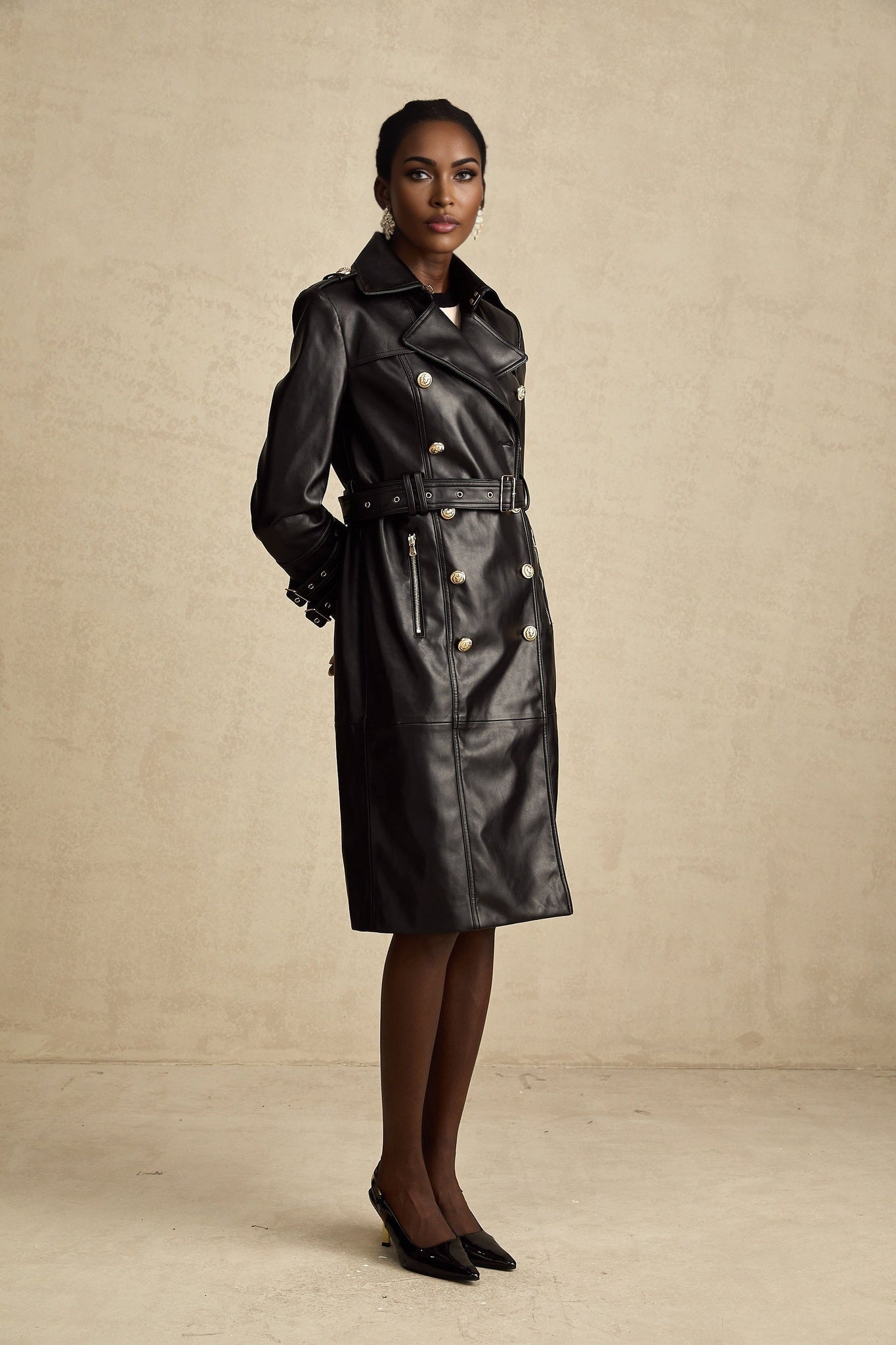 Perla Coat Black Leather Belted Double Breasted & Embellished