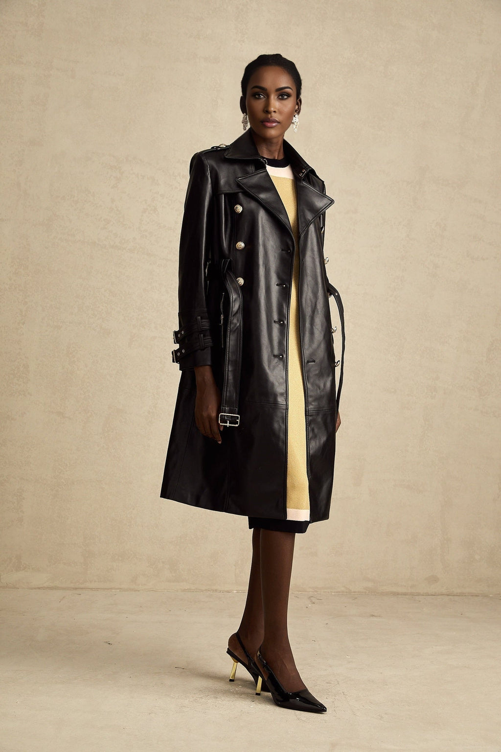 Perla Coat Black Leather Belted Double Breasted & Embellished