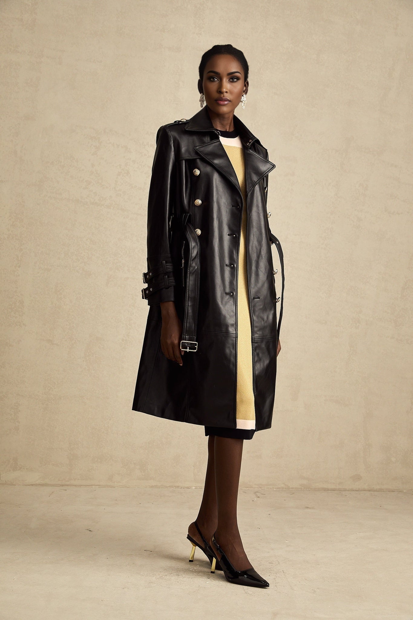Perla Coat Black Leather Belted Double Breasted & Embellished