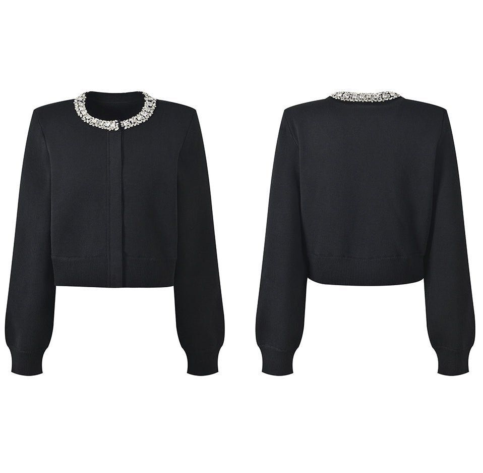 Perla Cropped Cardigan and A - Line Skirt Set - Crystal Collar - Hidden Button Closure