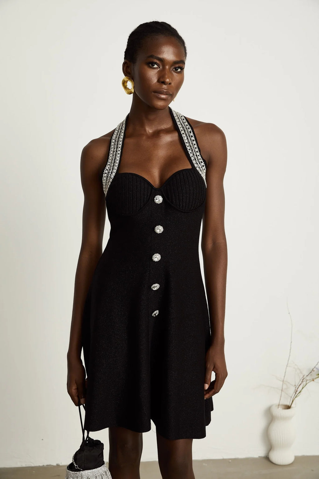 Perla Mini Dress Crystal Halterneck Bustier Black Embellished
