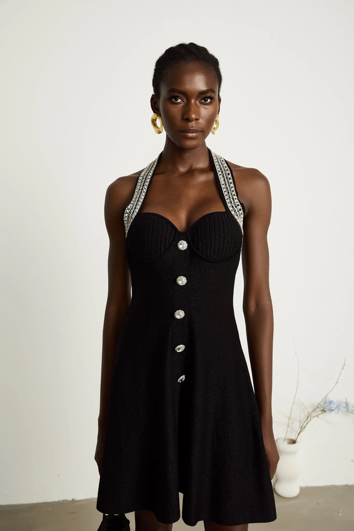 Perla Mini Dress Crystal Halterneck Bustier Black Embellished