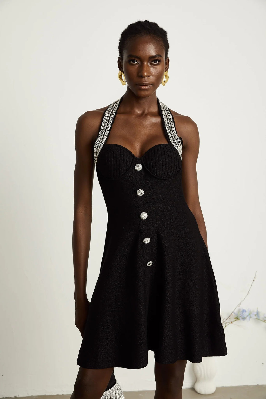 Perla Mini Dress Crystal Halterneck Bustier Black Embellished