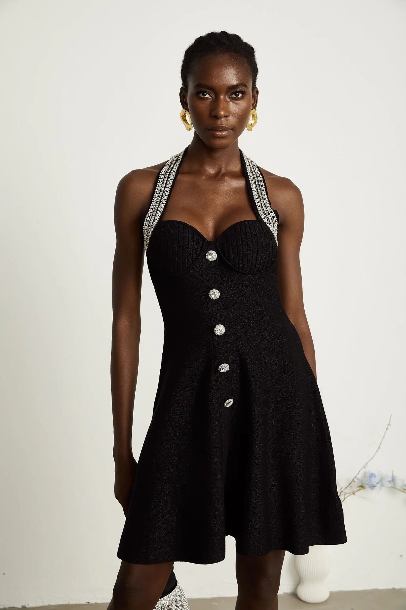 Perla Mini Dress Crystal Halterneck Bustier Black Embellished