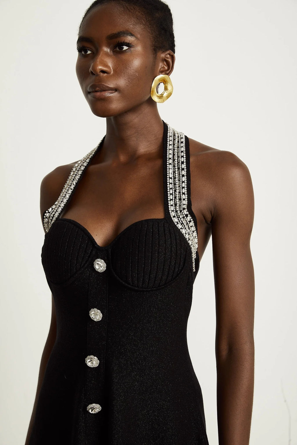 Perla Mini Dress Crystal Halterneck Bustier Black Embellished