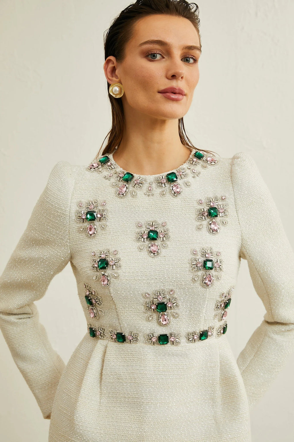 Perla Mini Dress White Tweed Bead Embellished Silhouette