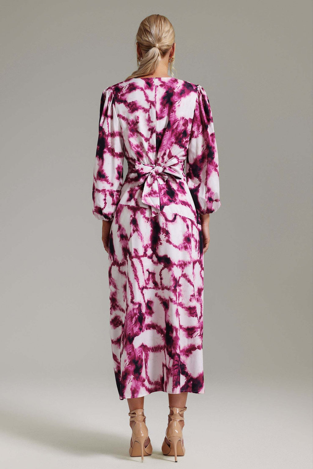 Perla Pink V-Neckline Print Dress with Long Sleeves and Waist Tie for Women