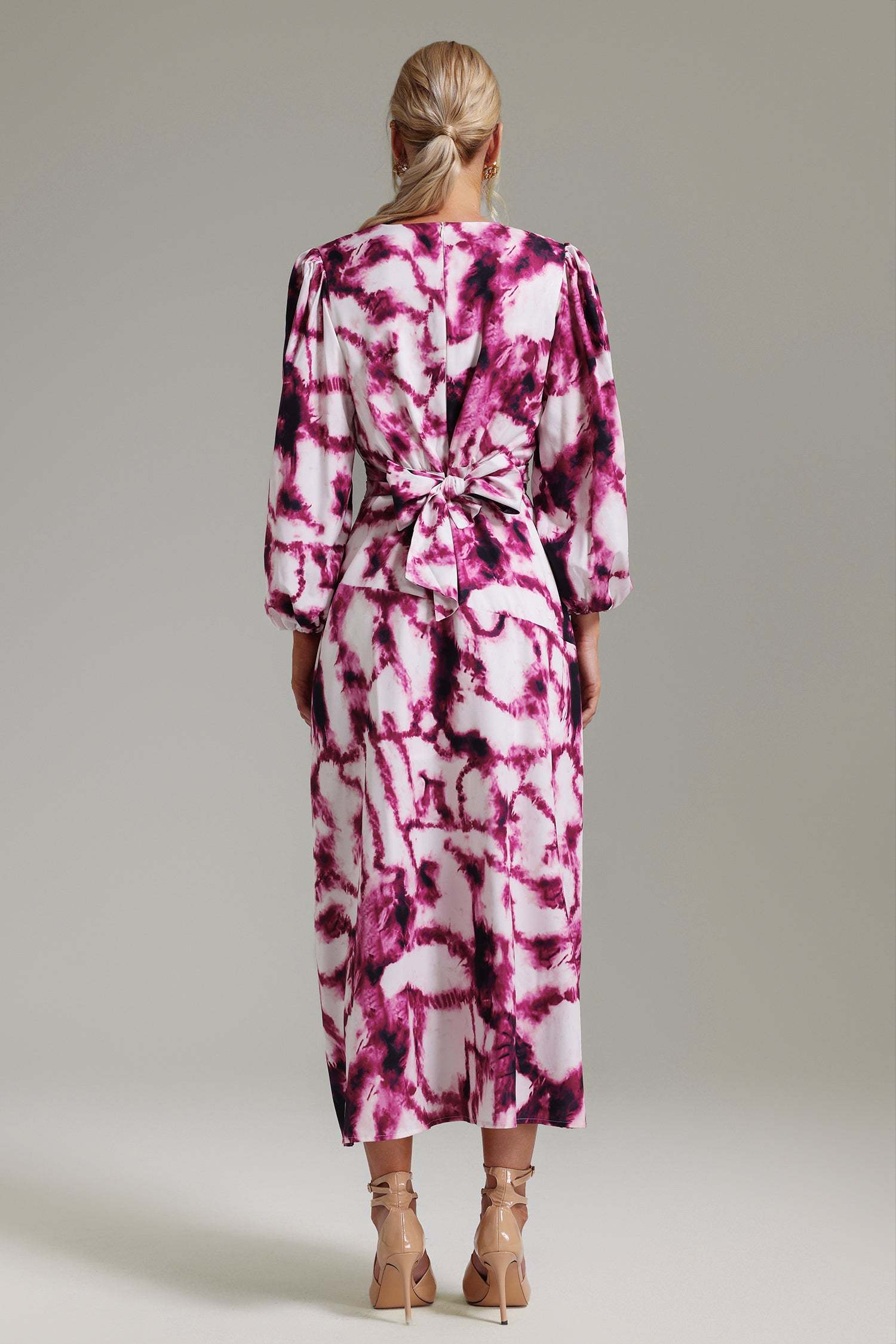 Perla Pink V-Neckline Print Dress with Long Sleeves and Waist Tie for Women