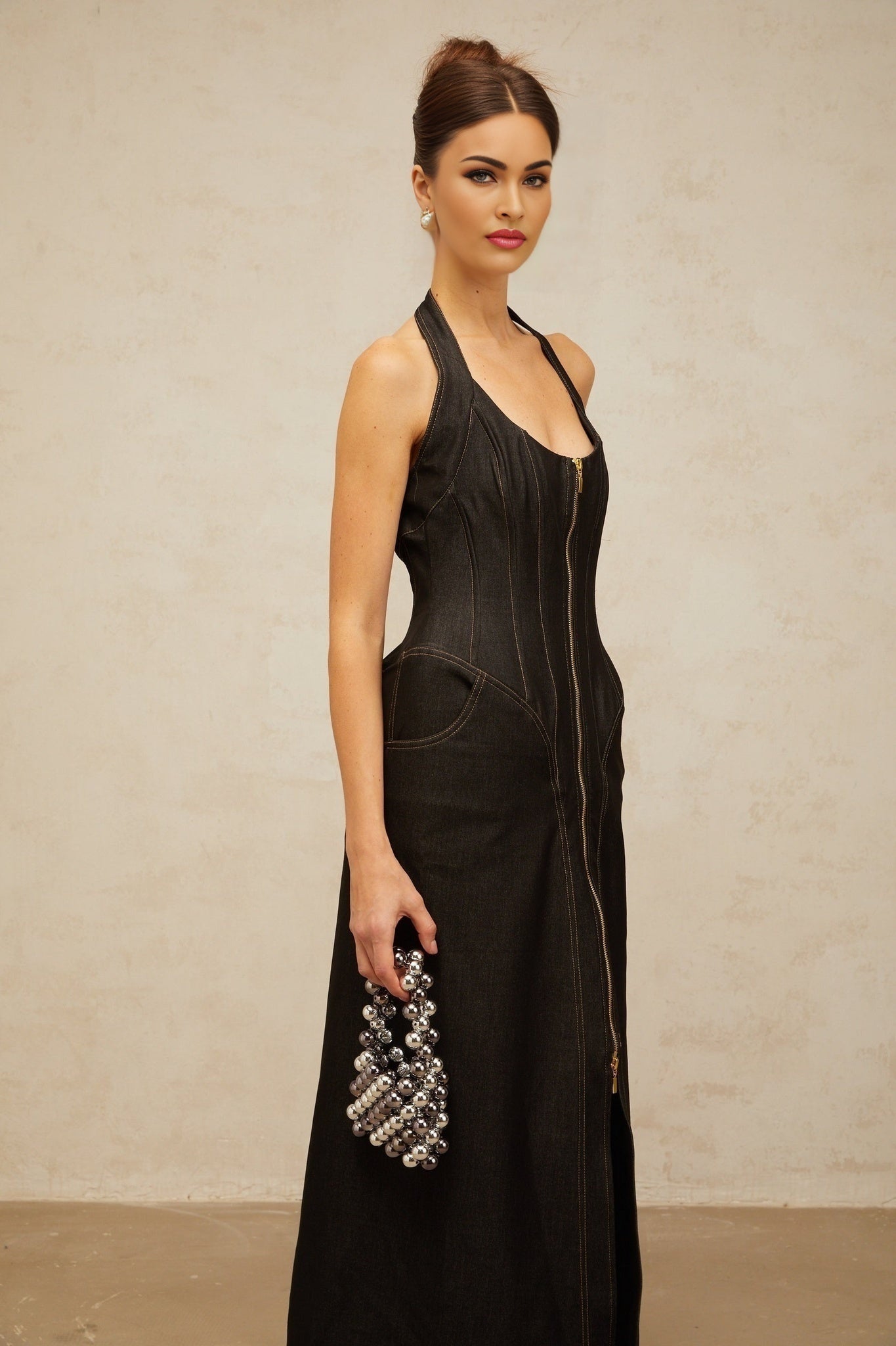 Perlina Denim Maxi Dress Halterneck Front Slit Contrast Stitching