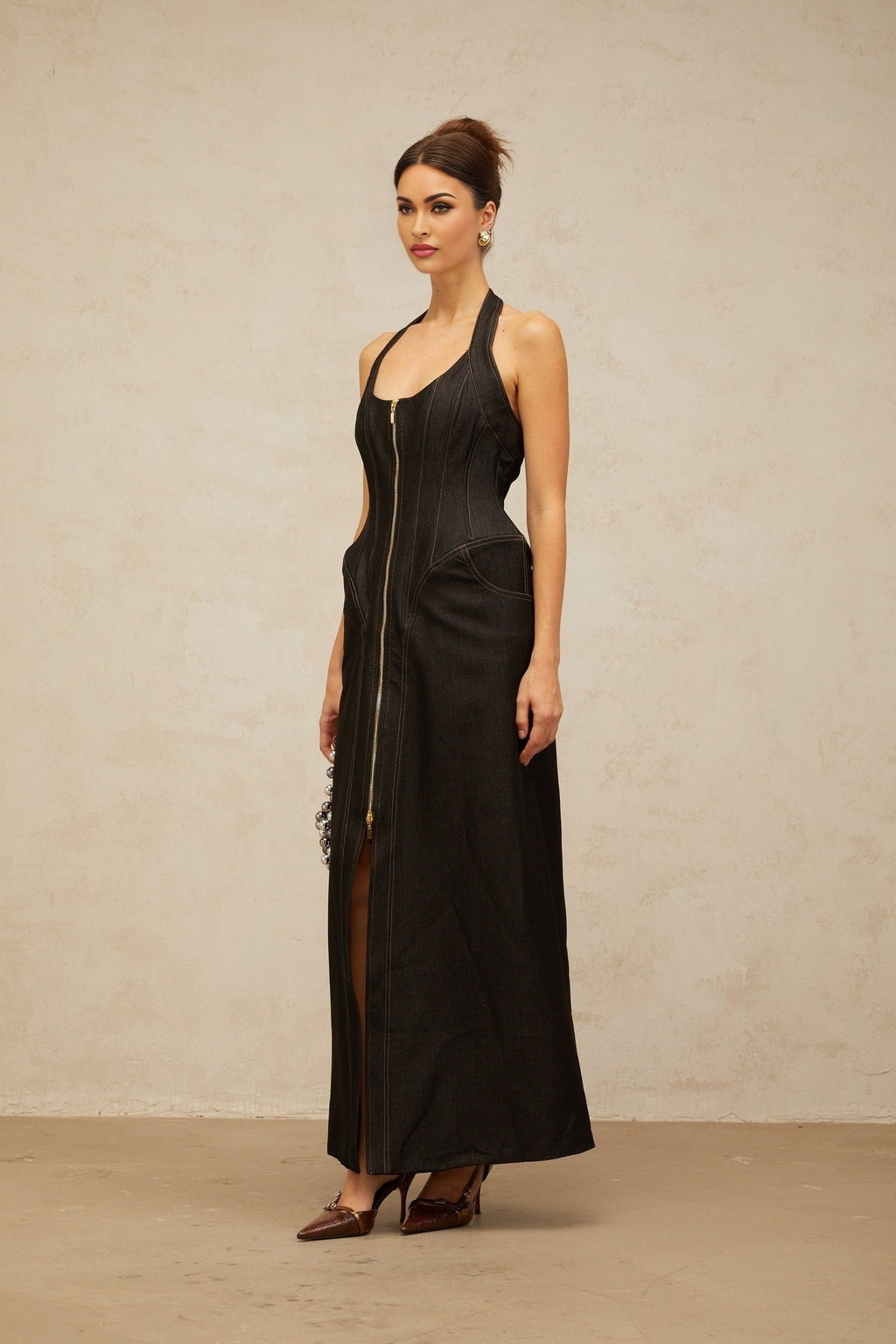 Perlina Denim Maxi Dress Halterneck Front Slit Contrast Stitching
