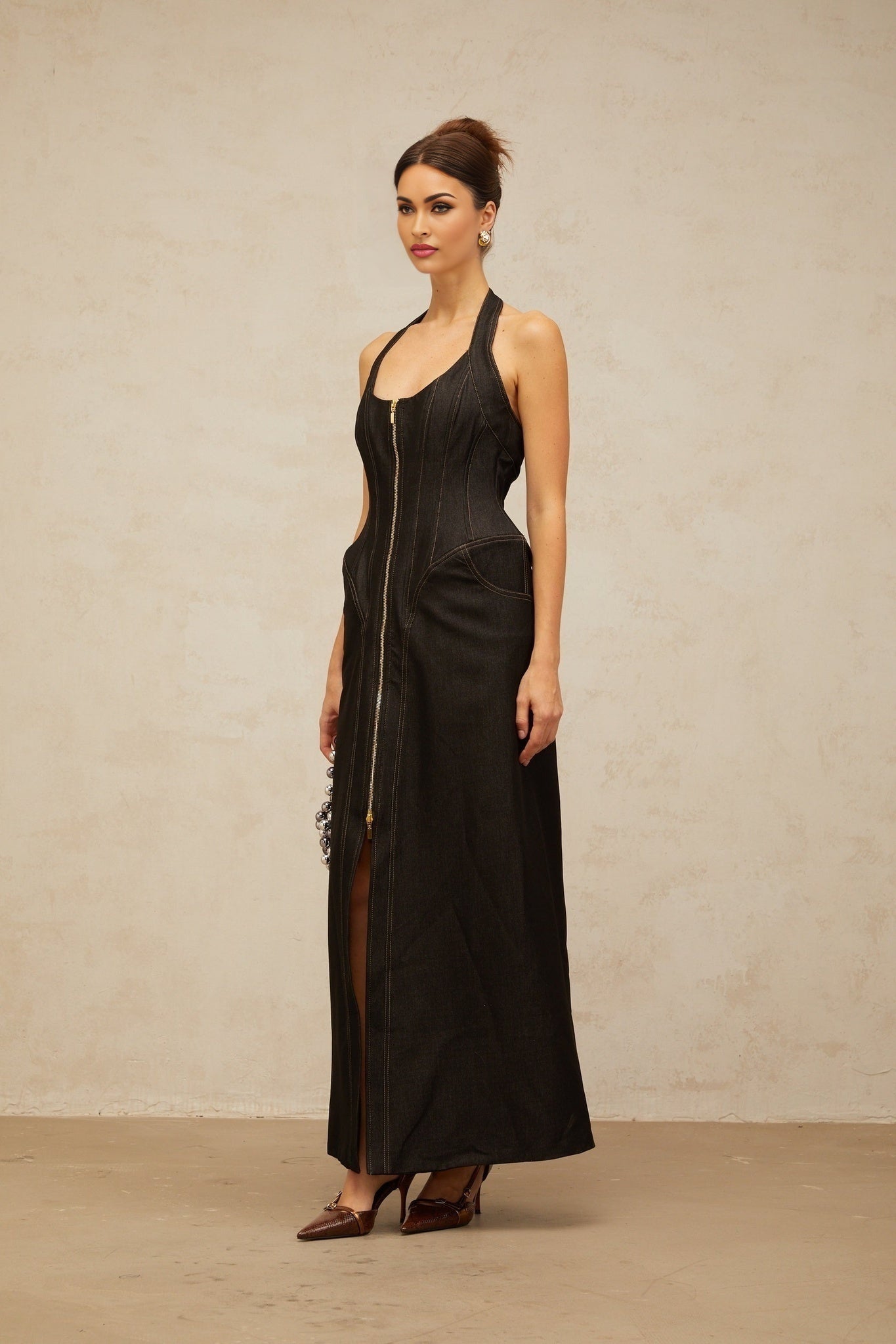 Perlina Denim Maxi Dress Halterneck Front Slit Contrast Stitching