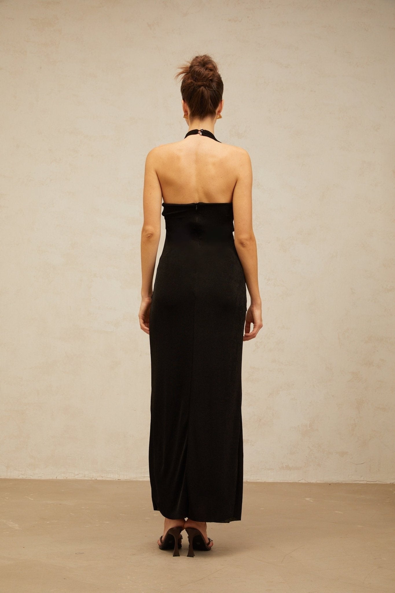 Perlina Denim Maxi Dress Halterneck Front Slit Contrast Stitching