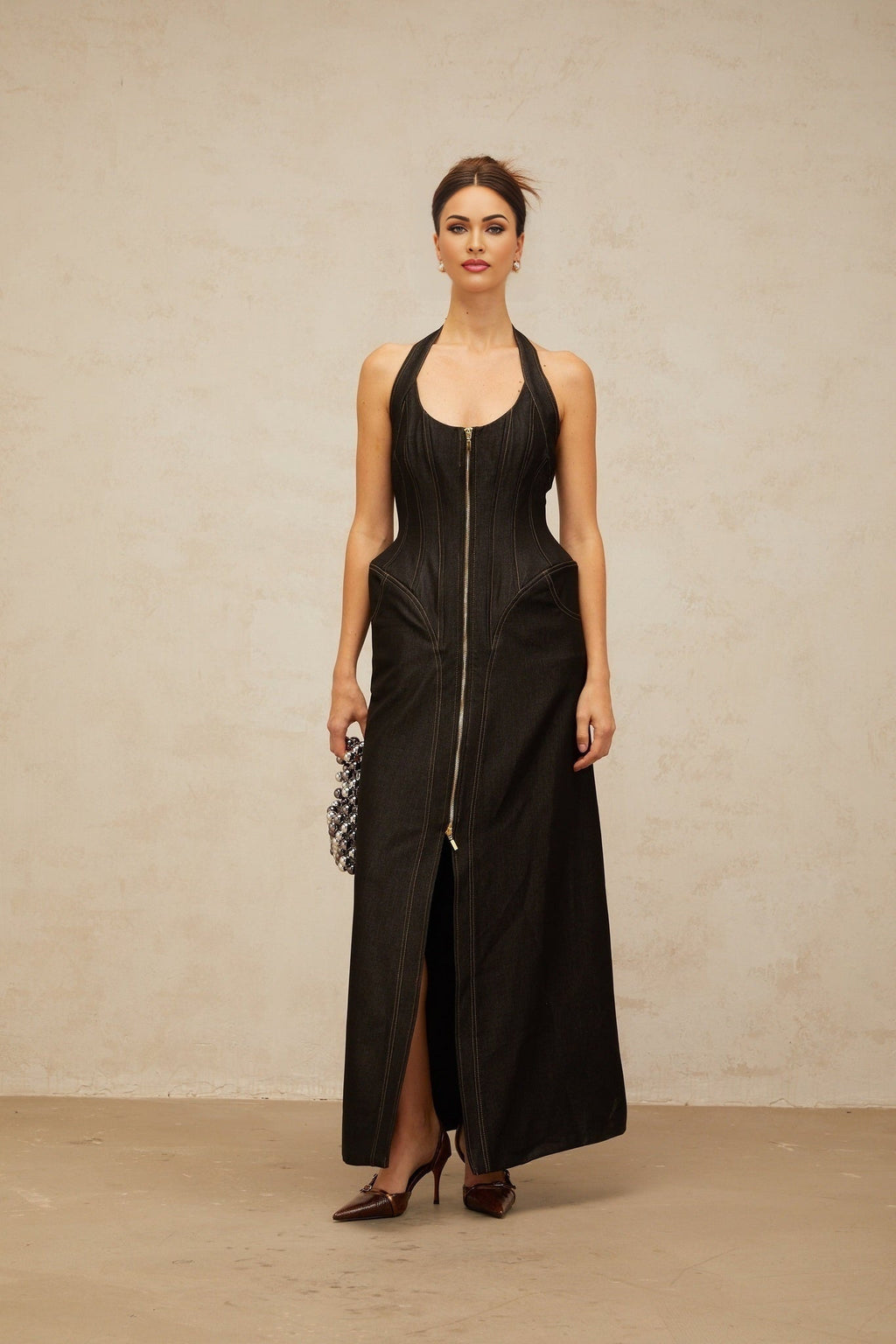 Perlina Denim Maxi Dress Halterneck Front Slit Contrast Stitching